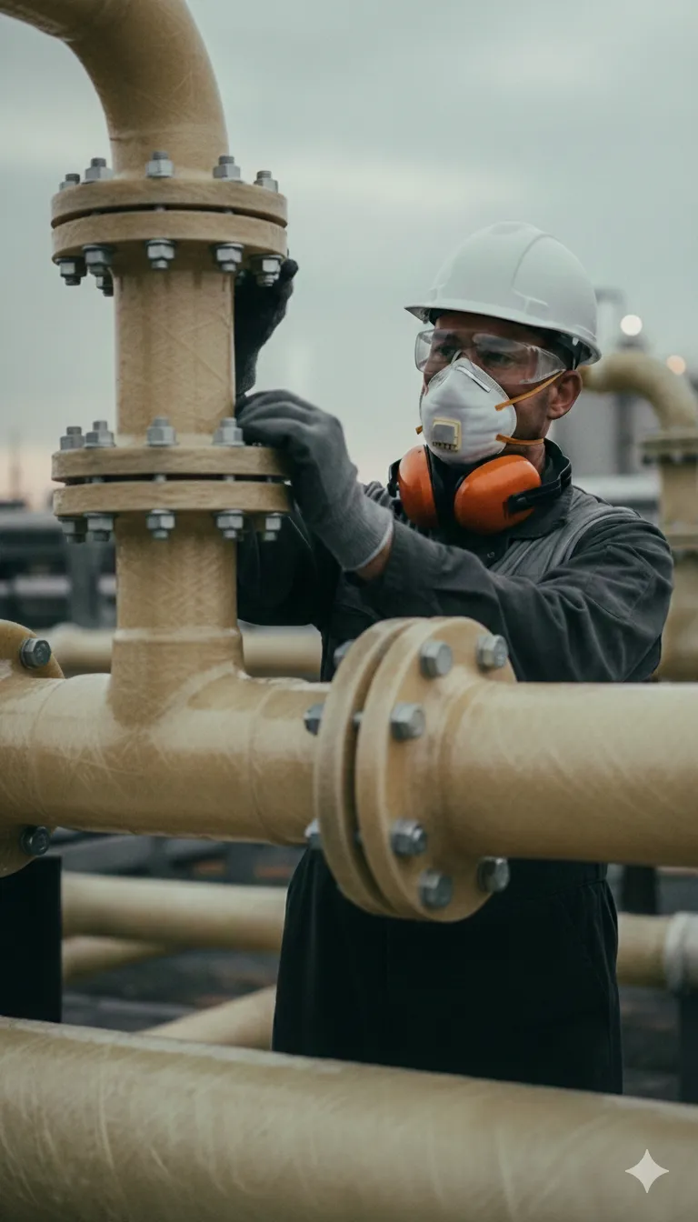 Tecnico Resin Piping al lavoro su tubazioni flangiate